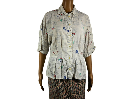 White vintage blouse with print