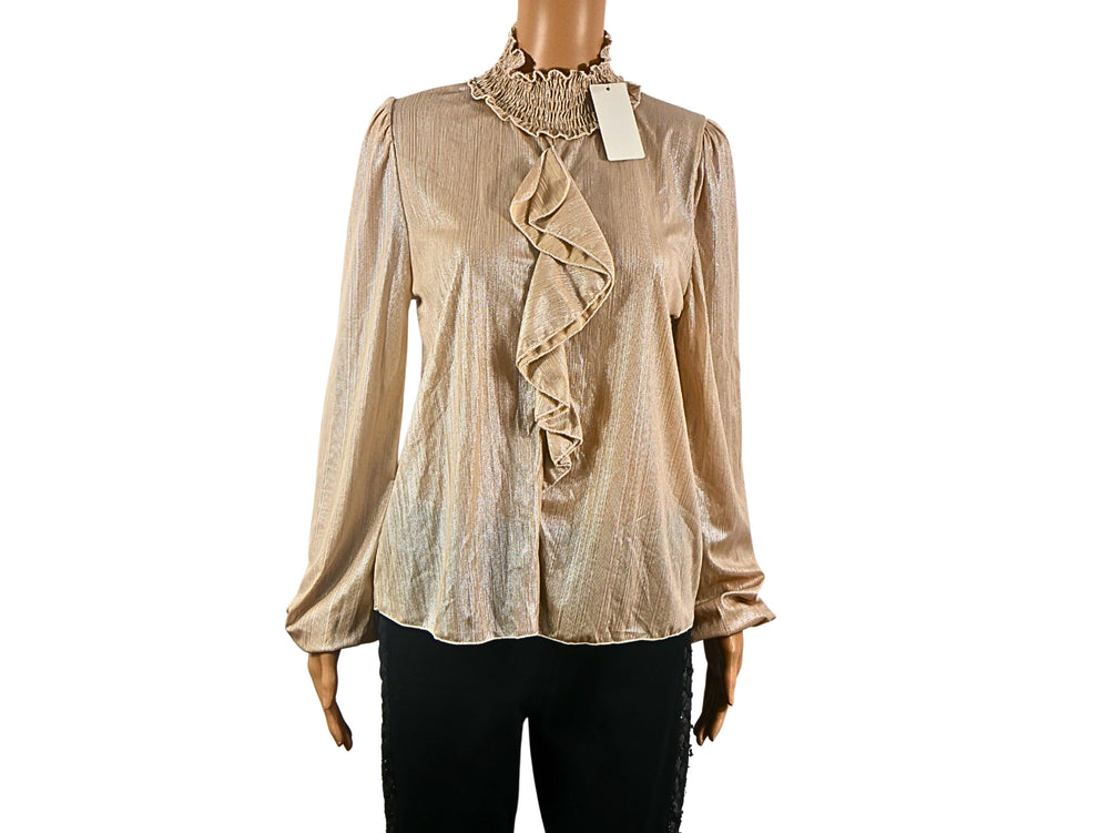Beigefarbene Bluse mit Stehkragen