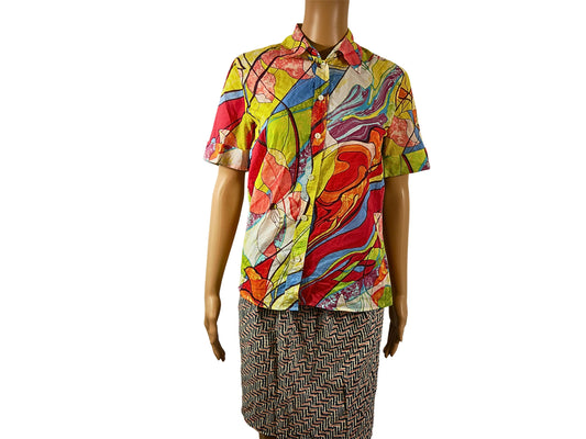 Chemise vintage manches courtes avec imprimé multicolore