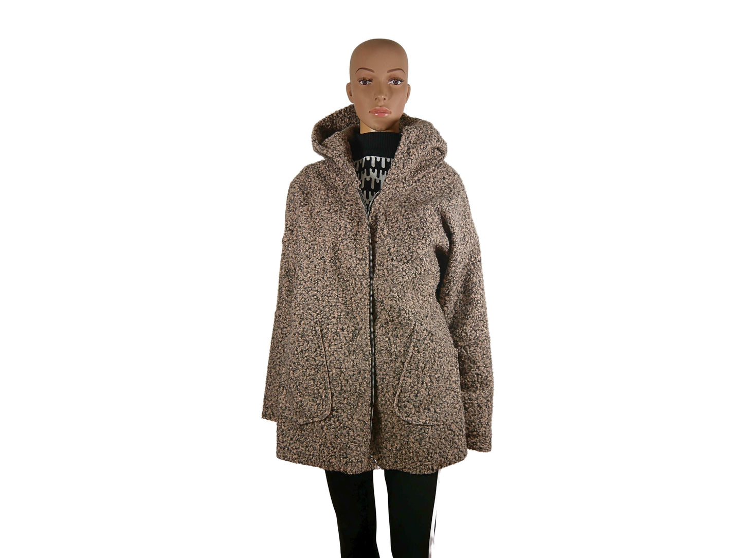 Manteau à capuche en laine bouclé pour femme