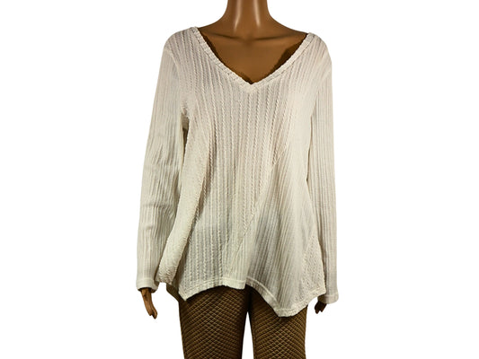 Pullover blanc col V aéré pour femme