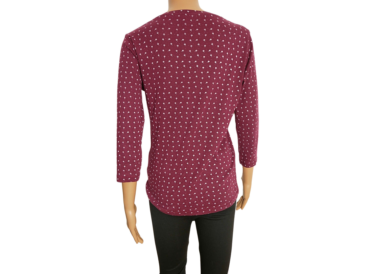 Women's burgundy 3/4 sleeve t-shirt with patterns
