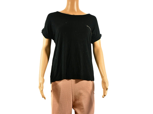 Schwarzes Kurzarm-T-Shirt für Damen mit Reißverschlussdetail