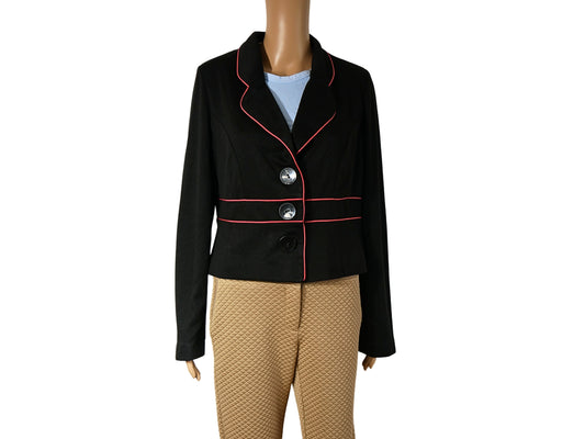 Women's black blazer jacket with red piping