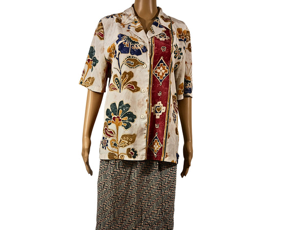 Women's Vintage Fitted Short Sleeve Floral Pattern Shirt