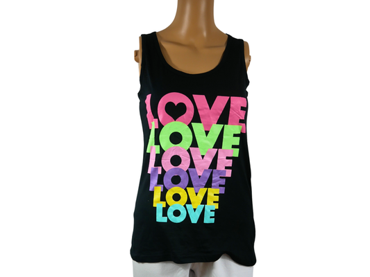 Women's black tank top with STUDIO print