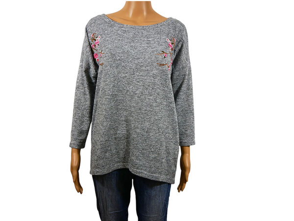 Pull gris brodé fleurs Only